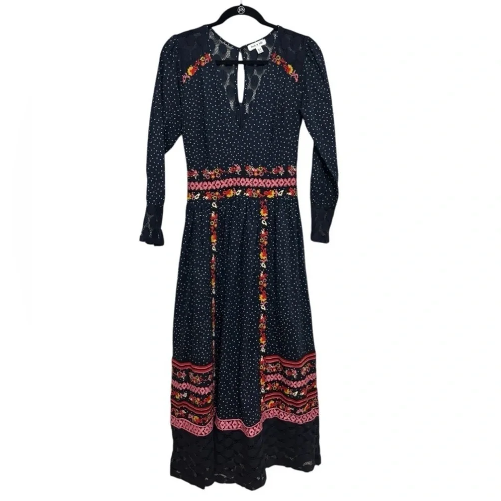 Frock and Frill Embroidered Chic Long Sleeve Navy Maxi Dress with Accents